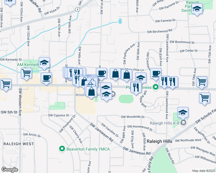 map of restaurants, bars, coffee shops, grocery stores, and more near 9000 Southwest Beaverton Hillsdale Highway in Portland