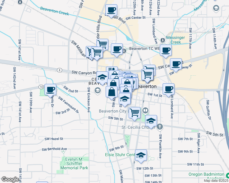 map of restaurants, bars, coffee shops, grocery stores, and more near 12755 Southwest 2nd Street in Beaverton
