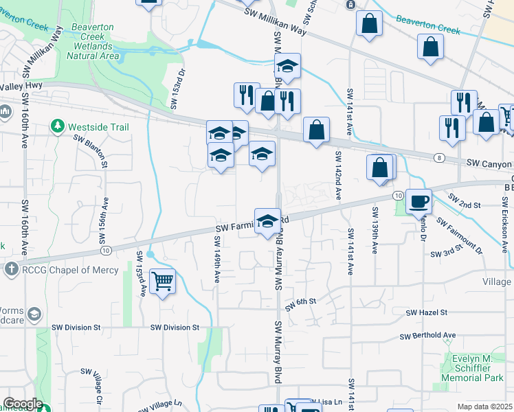 map of restaurants, bars, coffee shops, grocery stores, and more near 14645 Oregon 10 in Beaverton