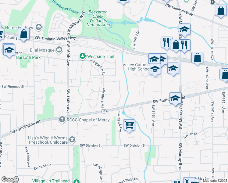 map of restaurants, bars, coffee shops, grocery stores, and more near 4675 Southwest Mueller Drive in Beaverton