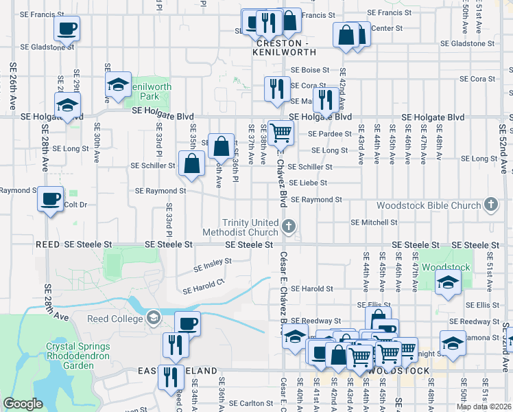 map of restaurants, bars, coffee shops, grocery stores, and more near 5014 Southeast 37th Avenue in Portland
