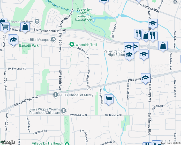 map of restaurants, bars, coffee shops, grocery stores, and more near 15564 Southwest Donna Court in Beaverton