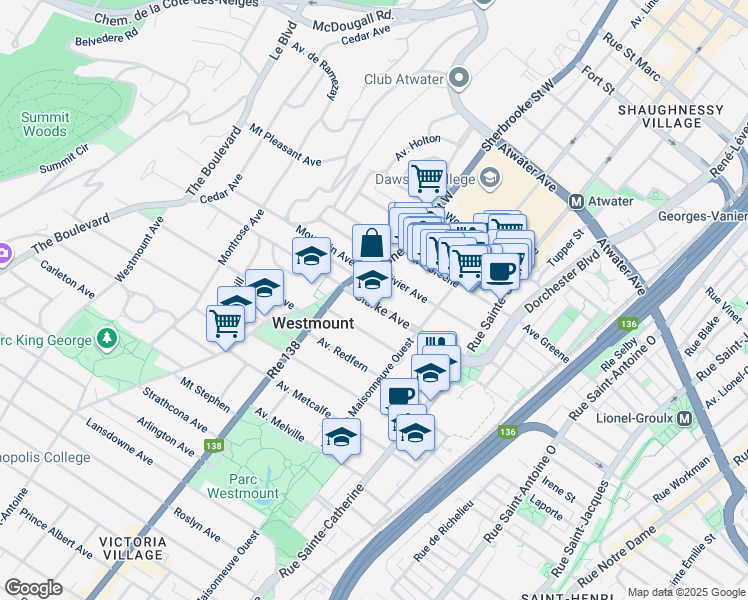 map of restaurants, bars, coffee shops, grocery stores, and more near 369 Avenue Clarke in Westmount