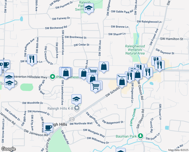 map of restaurants, bars, coffee shops, grocery stores, and more near 7630 Southwest Maple Drive in Portland
