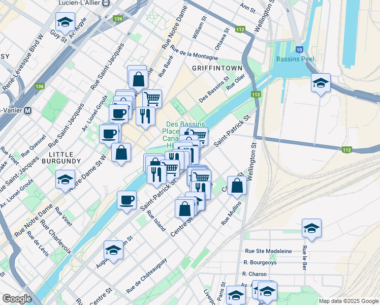 map of restaurants, bars, coffee shops, grocery stores, and more near 1673 Rue Saint-Patrick in Montréal