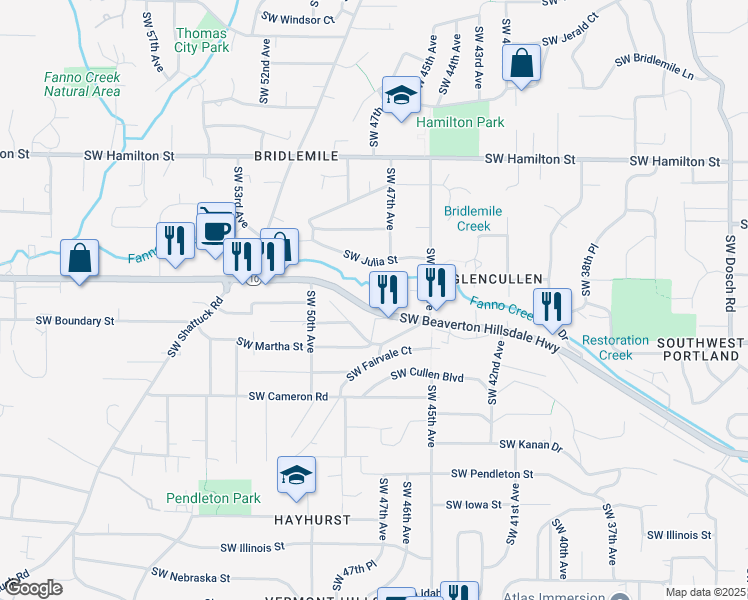 map of restaurants, bars, coffee shops, grocery stores, and more near 4739 Southwest Beaverton Hillsdale Highway in Portland