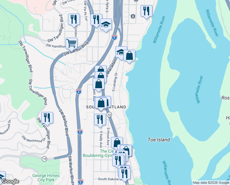 map of restaurants, bars, coffee shops, grocery stores, and more near 5150 South Landing Drive in Portland