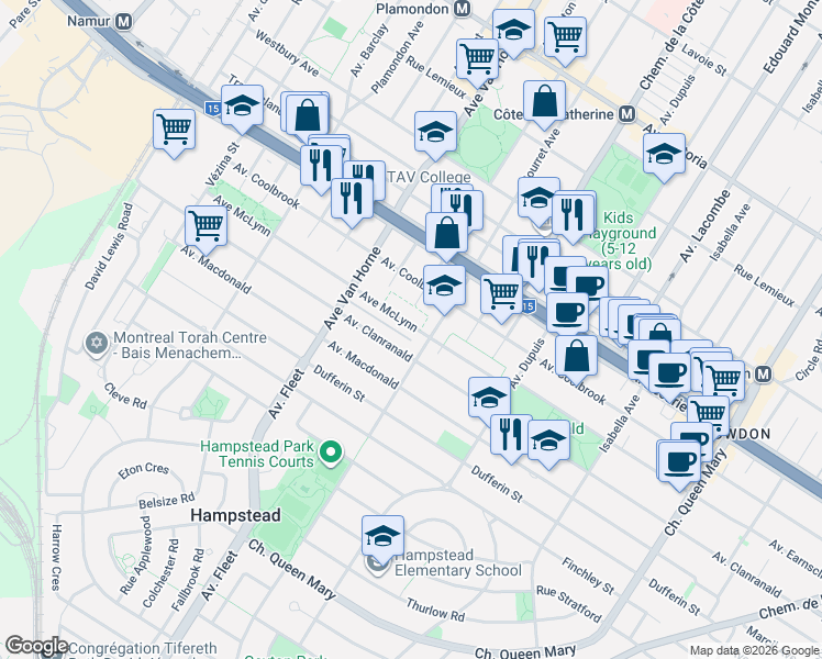 map of restaurants, bars, coffee shops, grocery stores, and more near 5830 Avenue McLynn in Montreal