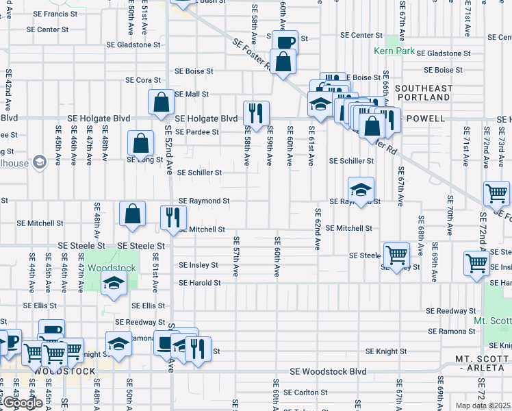 map of restaurants, bars, coffee shops, grocery stores, and more near 5108 Southeast 58th Avenue in Portland