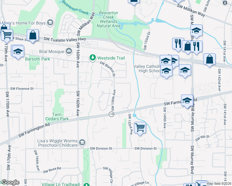 map of restaurants, bars, coffee shops, grocery stores, and more near 15564 Southwest Donna Court in Beaverton