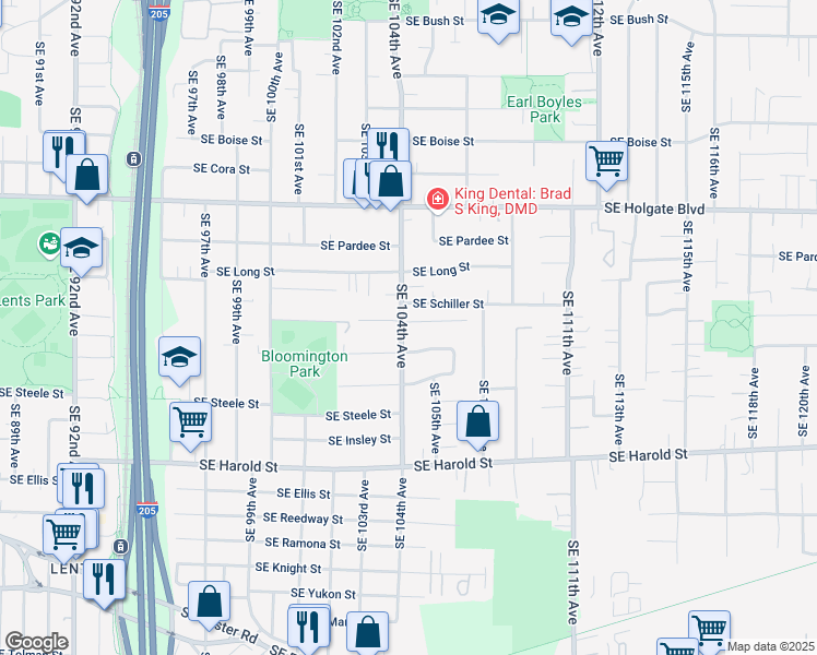 map of restaurants, bars, coffee shops, grocery stores, and more near 4943 Southeast 104th Avenue in Portland