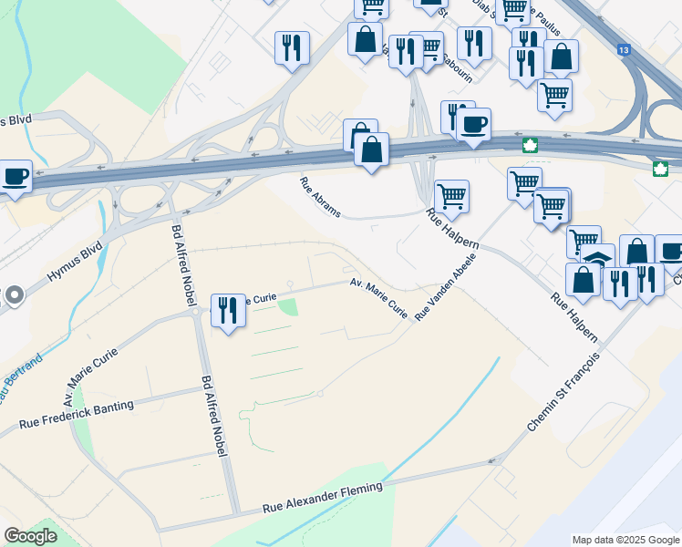 map of restaurants, bars, coffee shops, grocery stores, and more near 2900 Avenue Marie Curie in Montréal