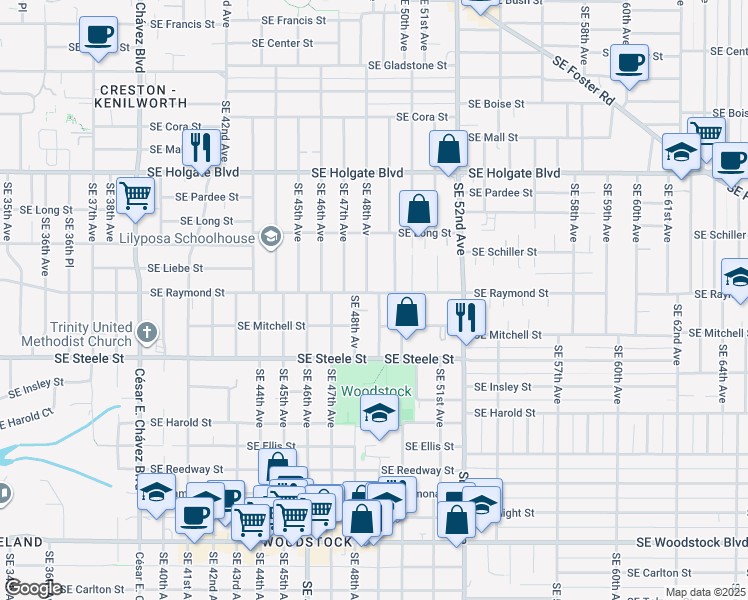 map of restaurants, bars, coffee shops, grocery stores, and more near 4832 Southeast Raymond Street in Portland