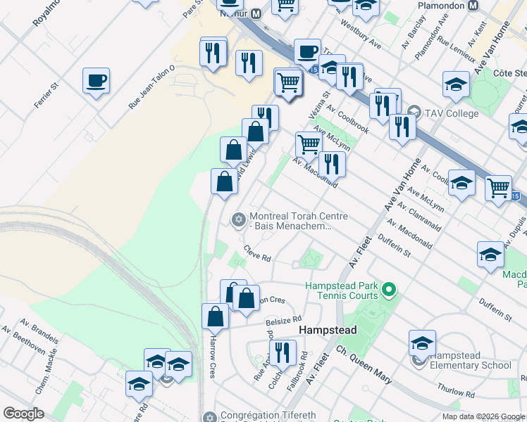 map of restaurants, bars, coffee shops, grocery stores, and more near 210 Rue Harland in Hampstead