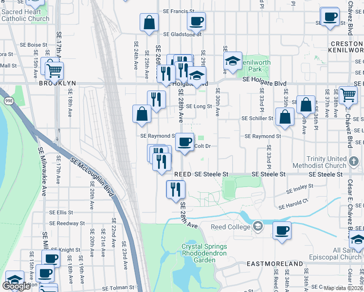 map of restaurants, bars, coffee shops, grocery stores, and more near SE 28th Ave & SE Colt Dr in Portland