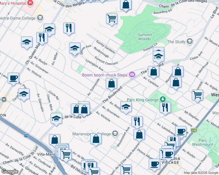 map of restaurants, bars, coffee shops, grocery stores, and more near 217 Chemin Edgehill in Westmount