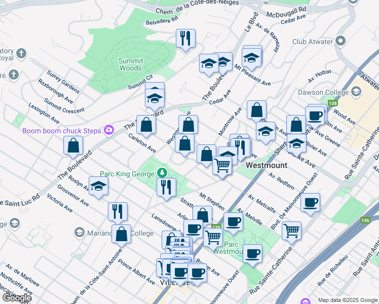 map of restaurants, bars, coffee shops, grocery stores, and more near 41 Avenue Forden in Westmount