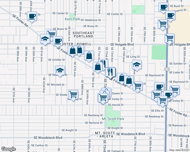 map of restaurants, bars, coffee shops, grocery stores, and more near 5051 Southeast 71st Avenue in Portland