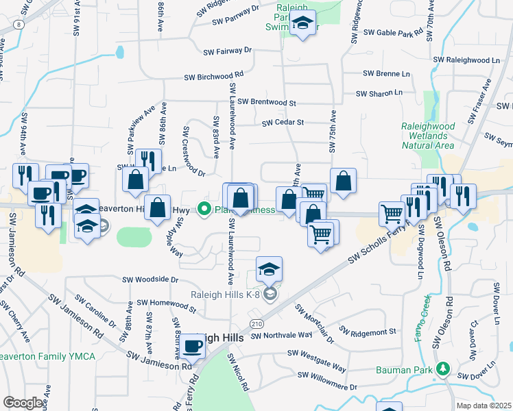 map of restaurants, bars, coffee shops, grocery stores, and more near 8030 Southwest Maple Drive in Portland