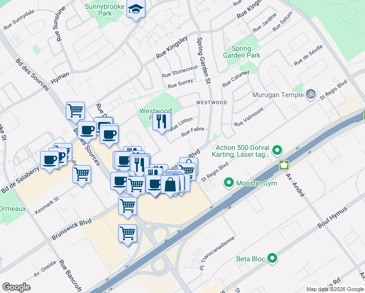 map of restaurants, bars, coffee shops, grocery stores, and more near 35 Brunswick Boulevard in Dollard-Des Ormeaux
