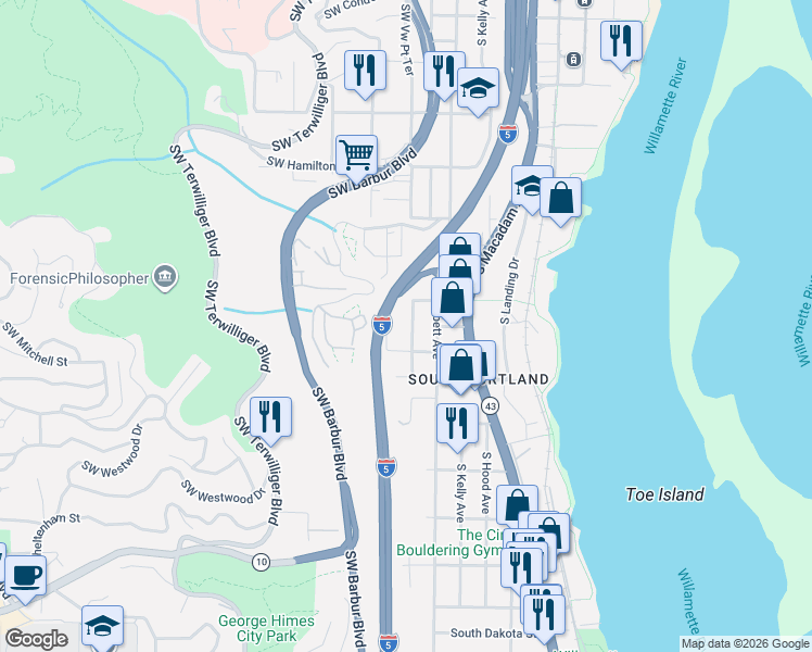 map of restaurants, bars, coffee shops, grocery stores, and more near 5124 South View Point Terrace in Portland