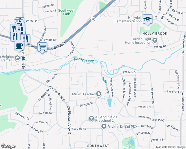 map of restaurants, bars, coffee shops, grocery stores, and more near 3040 Southwest 15th Court in Gresham