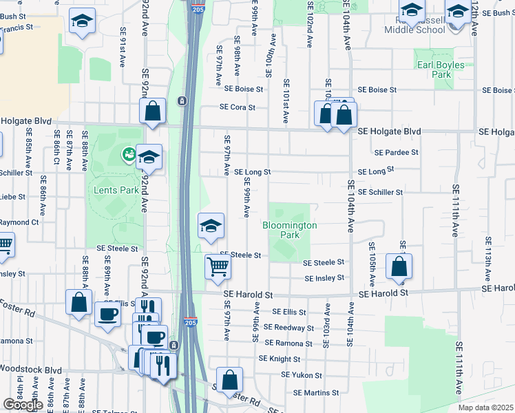 map of restaurants, bars, coffee shops, grocery stores, and more near 5004 Southeast 99th Avenue in Portland