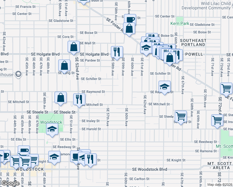 map of restaurants, bars, coffee shops, grocery stores, and more near 5108 Southeast 58th Avenue in Portland