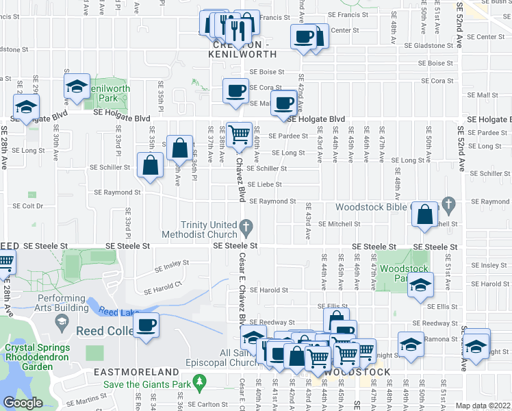 map of restaurants, bars, coffee shops, grocery stores, and more near 5041 Southeast 40th Avenue in Portland