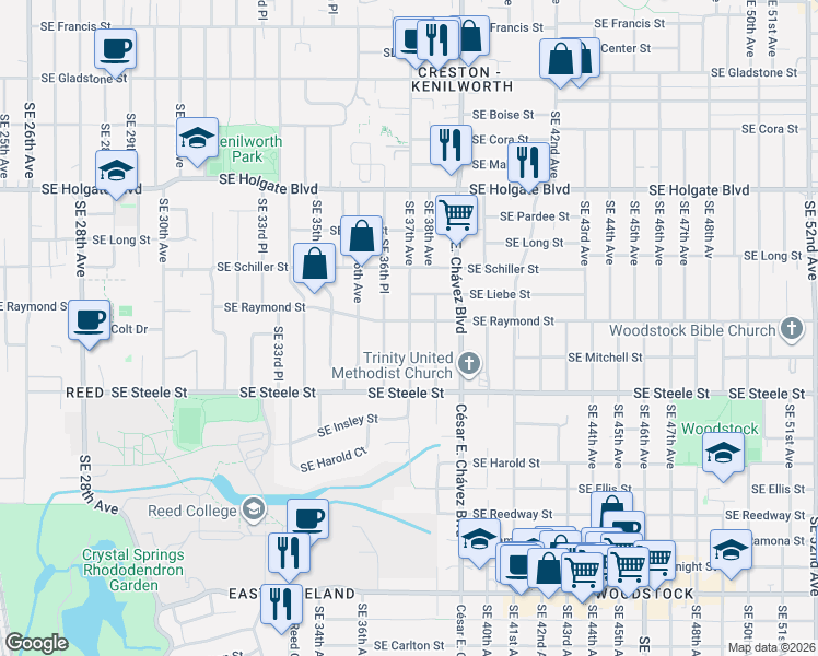 map of restaurants, bars, coffee shops, grocery stores, and more near 5105 Southeast 37th Avenue in Portland