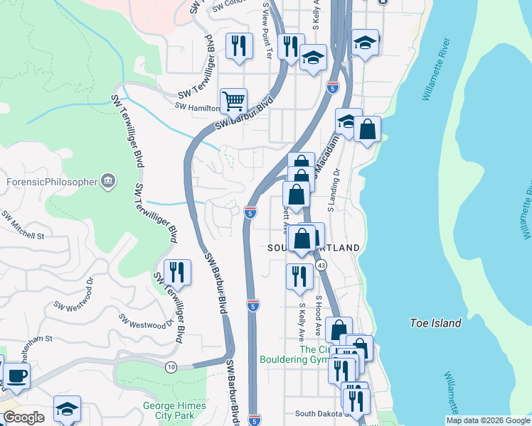 map of restaurants, bars, coffee shops, grocery stores, and more near 5124 South View Point Terrace in Portland