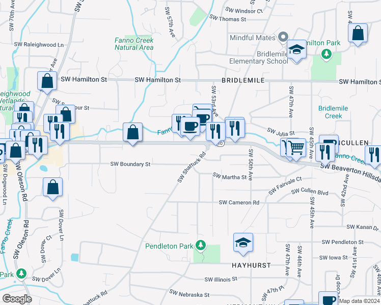 map of restaurants, bars, coffee shops, grocery stores, and more near 5113 Southwest Shattuck Road in Portland