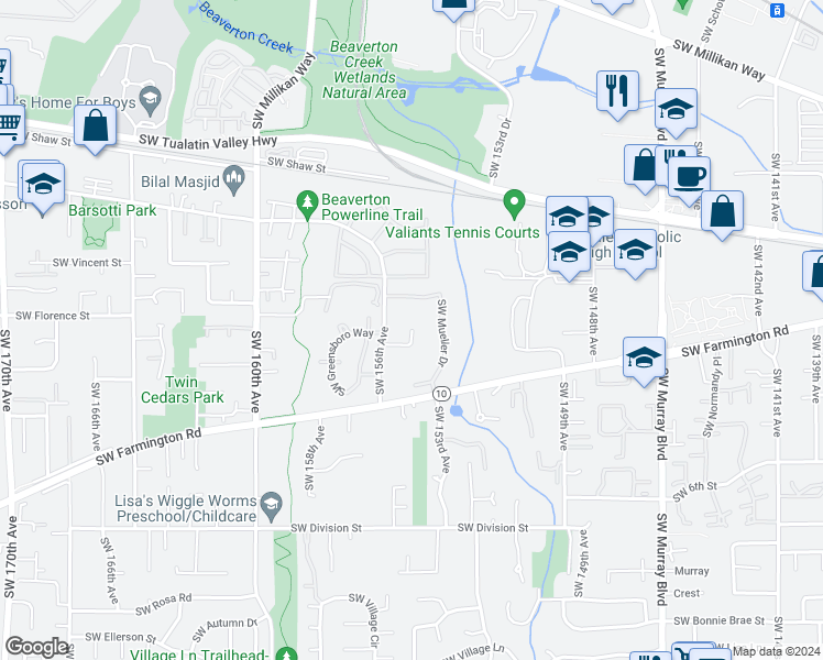 map of restaurants, bars, coffee shops, grocery stores, and more near 15564 Southwest Donna Court in Beaverton
