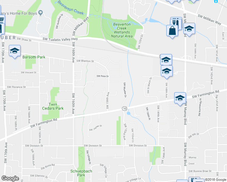 map of restaurants, bars, coffee shops, grocery stores, and more near 15564 Southwest Donna Court in Beaverton
