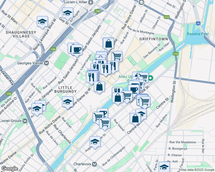 map of restaurants, bars, coffee shops, grocery stores, and more near 1869 Rue des Bassins in Montréal