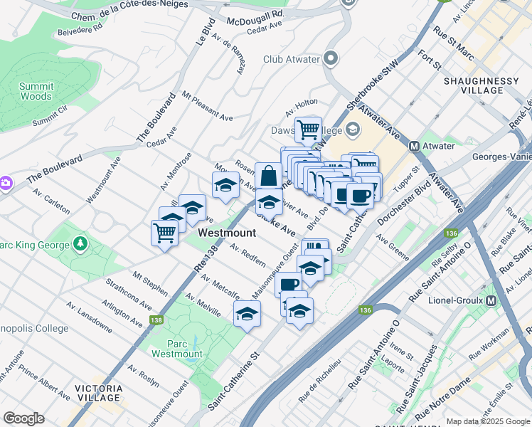map of restaurants, bars, coffee shops, grocery stores, and more near 365 Avenue Clarke in Westmount