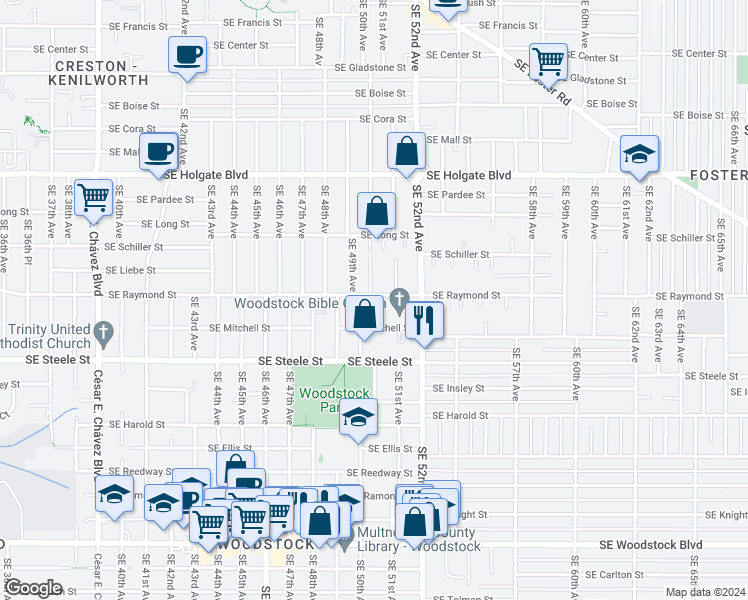 map of restaurants, bars, coffee shops, grocery stores, and more near 5005 Southeast 51st Avenue in Portland