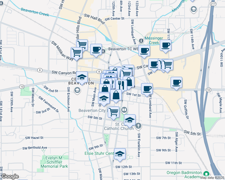 map of restaurants, bars, coffee shops, grocery stores, and more near 12555 Southwest 1st Street in Beaverton