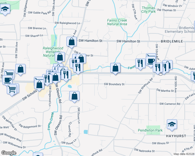 map of restaurants, bars, coffee shops, grocery stores, and more near 5121 Southwest 62nd Avenue in Portland