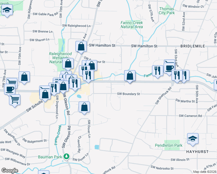 map of restaurants, bars, coffee shops, grocery stores, and more near 5123 Southwest 62nd Avenue in Portland
