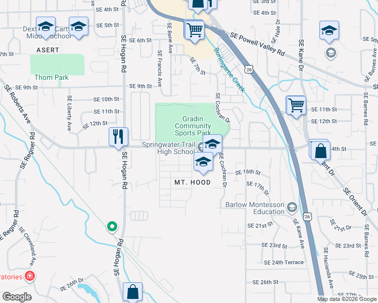 map of restaurants, bars, coffee shops, grocery stores, and more near 2398 Southeast Palmquist Road in Gresham