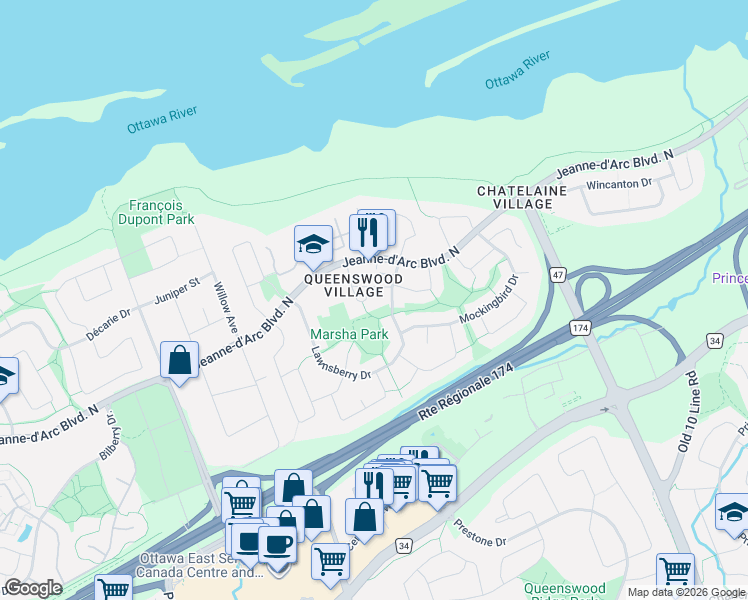 map of restaurants, bars, coffee shops, grocery stores, and more near 294 Turnstone Court in Ottawa