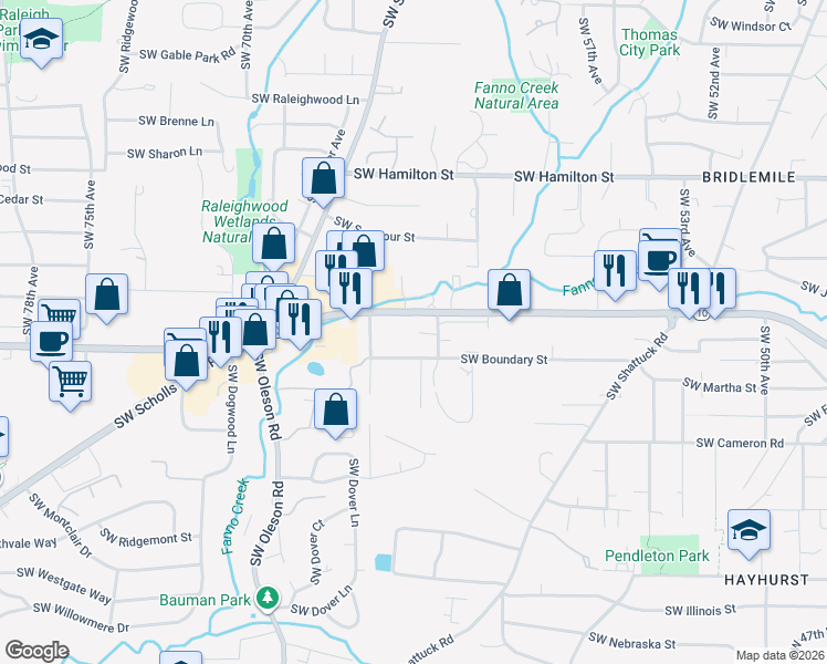 map of restaurants, bars, coffee shops, grocery stores, and more near 6320 Southwest Beaverton Hillsdale Highway in Portland