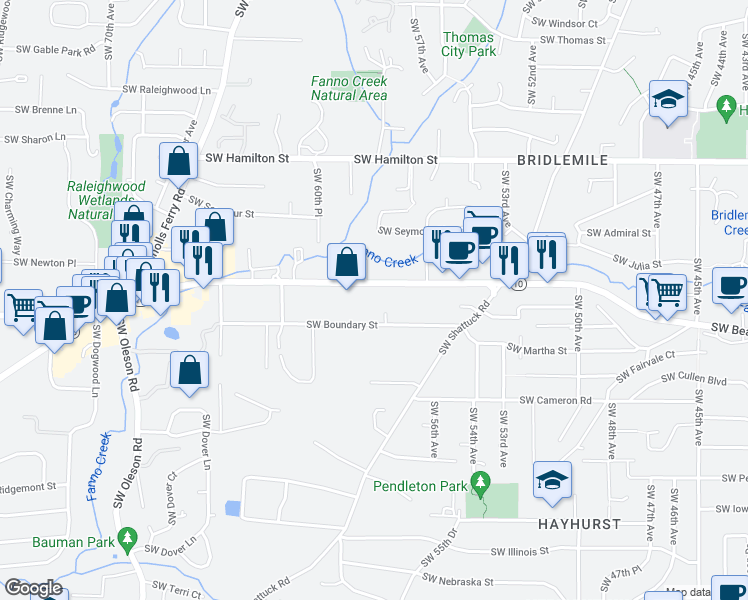map of restaurants, bars, coffee shops, grocery stores, and more near 5808 Southwest Beaverton Hillsdale Highway in Portland