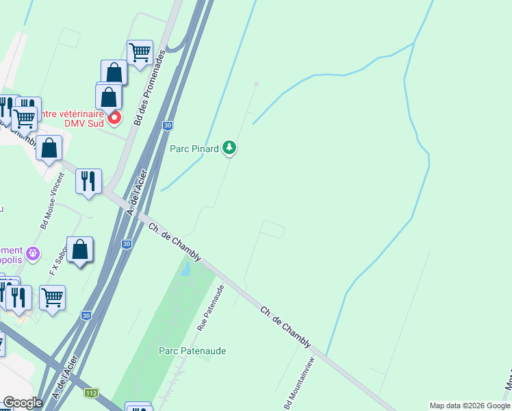 map of restaurants, bars, coffee shops, grocery stores, and more near 192 Rue Saint-Jean in Longueuil