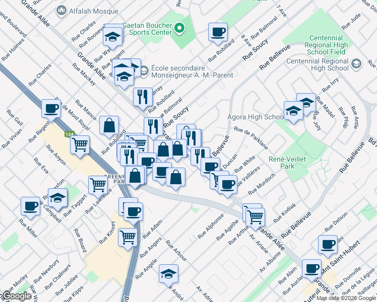 map of restaurants, bars, coffee shops, grocery stores, and more near 1000 Avenue Auguste in Longueuil