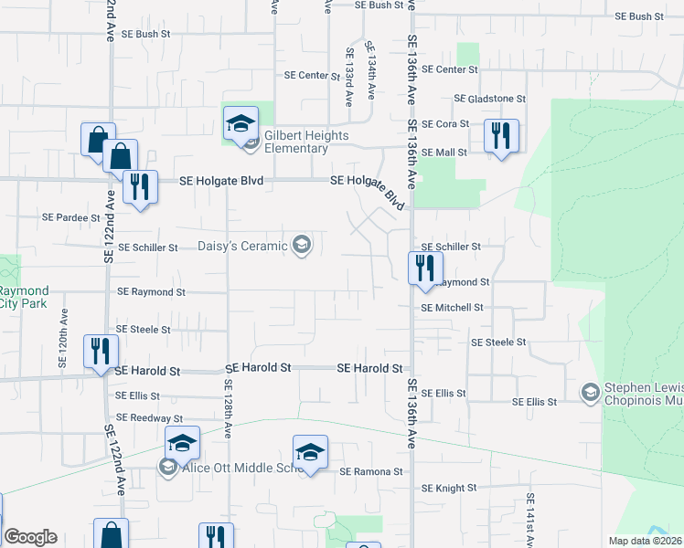map of restaurants, bars, coffee shops, grocery stores, and more near 4925 Southeast 133rd Avenue in Portland