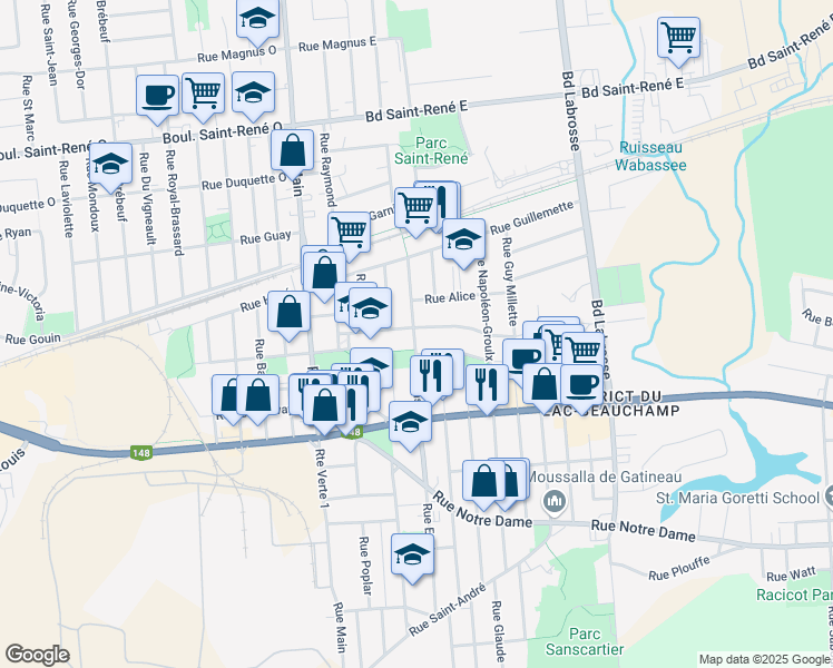 map of restaurants, bars, coffee shops, grocery stores, and more near 250 Rue East in Gatineau