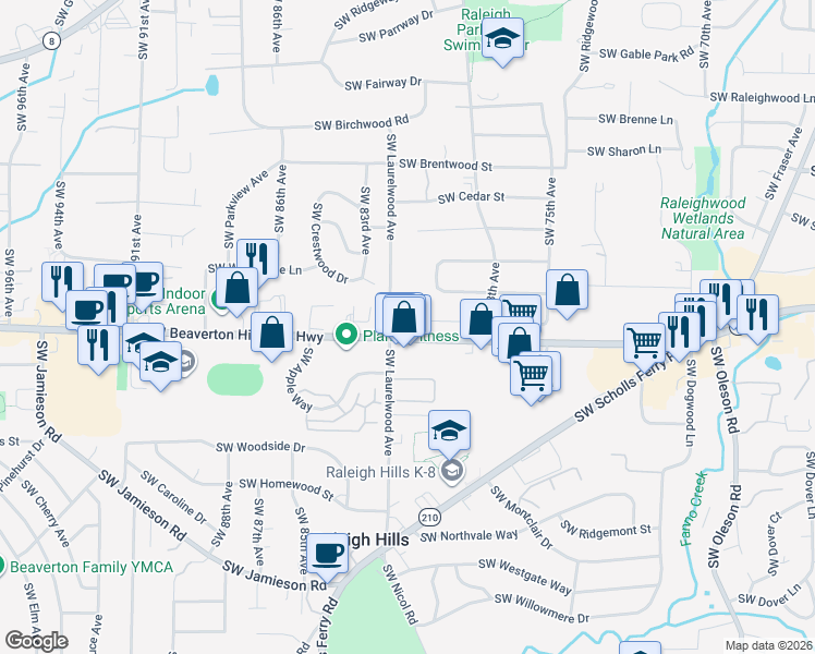 map of restaurants, bars, coffee shops, grocery stores, and more near in Raleigh Hills