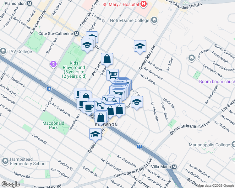 map of restaurants, bars, coffee shops, grocery stores, and more near 4958 Avenue Dornal in Montréal